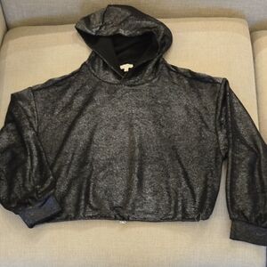Free People Pilcro Cropped Drawstring Waist Metallic Silver Black Hoodie